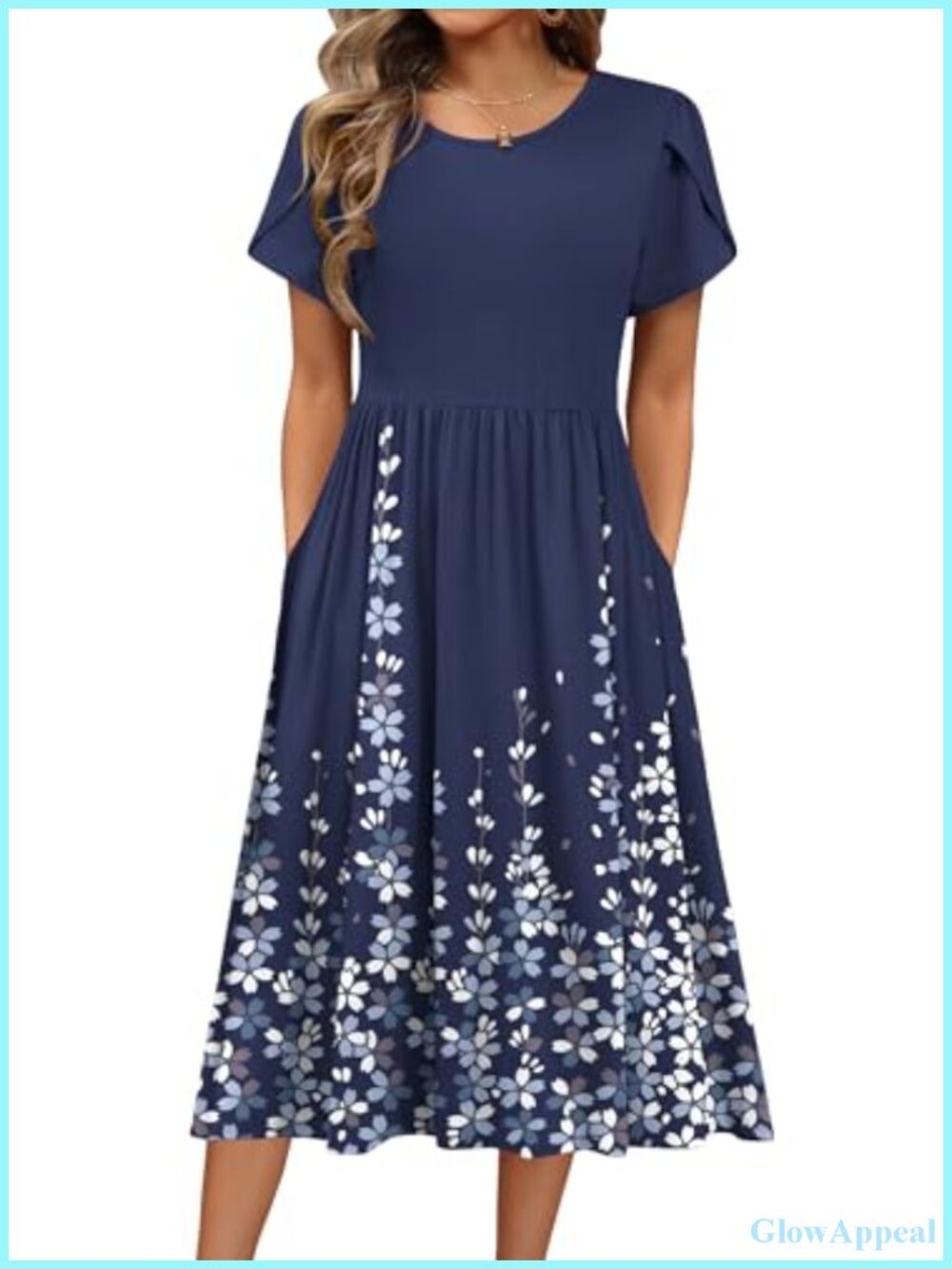 Casual Floral Midi T-Shirt Dress Short Sleeve A-Line with Pockets & Elastic